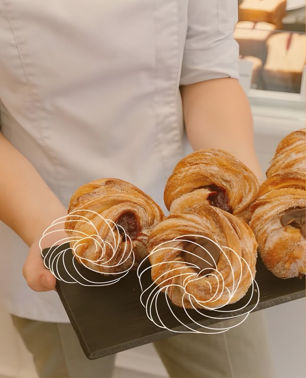 Viennoiseries dorées sur un plateau, tracés blancs dessinés par-dessus