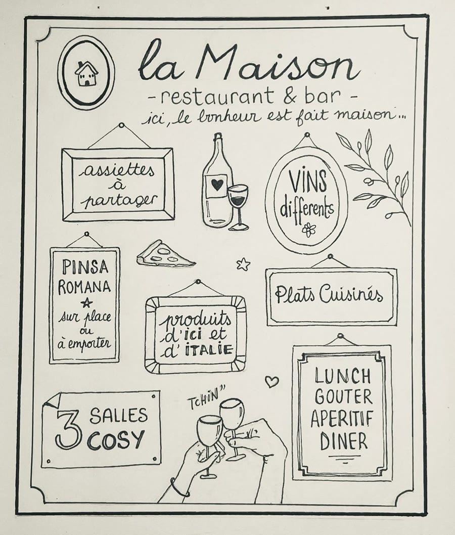 La fresque peinte à la main de La Maison : assiettes à partager, pinsa romana, vins différents, trois salles cosy
