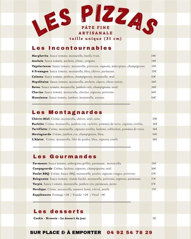 La carte des pizzas du Repère, lettres rouges sur fond à carreaux crème