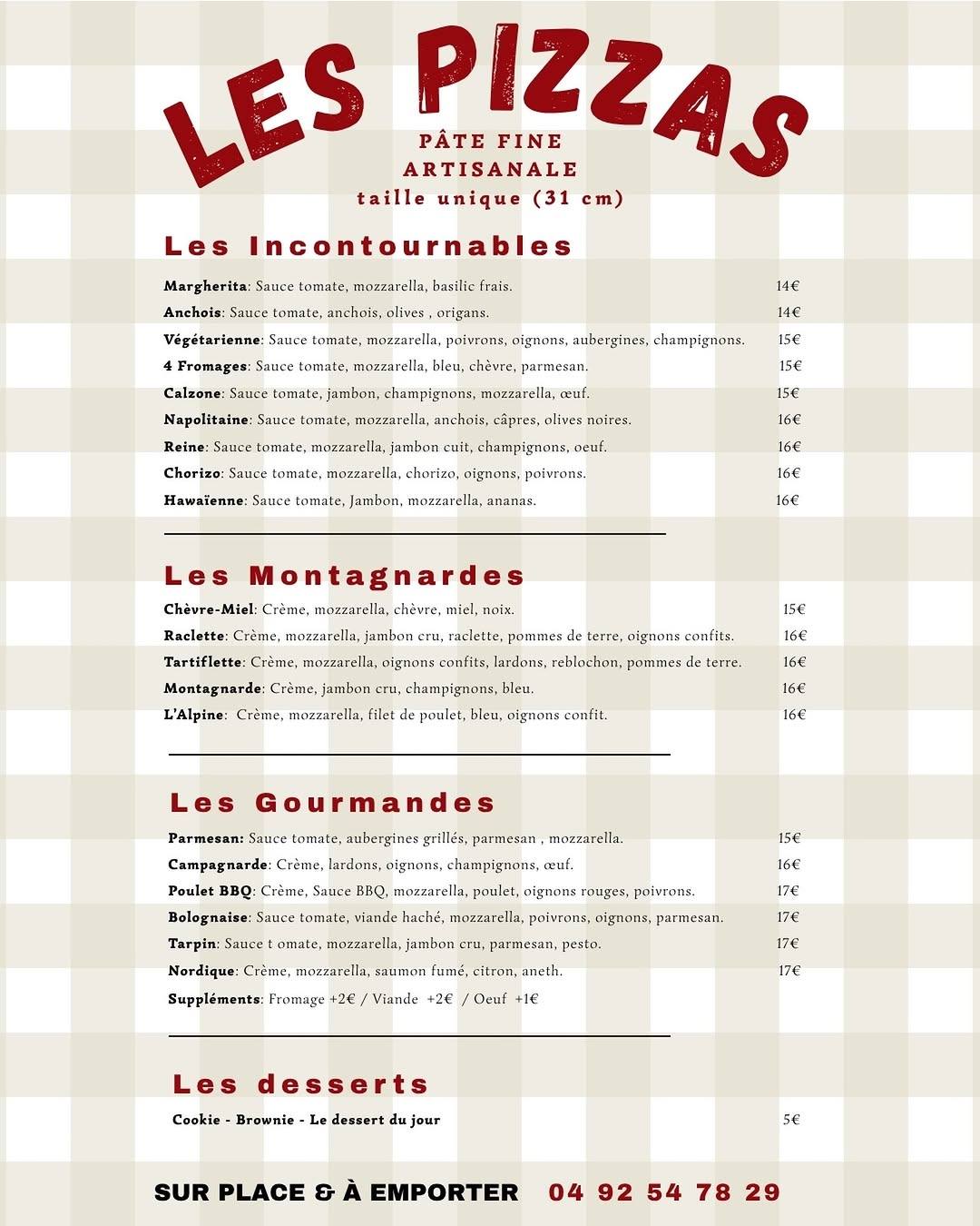 La carte des pizzas du Repère, lettres rouges sur fond à carreaux crème