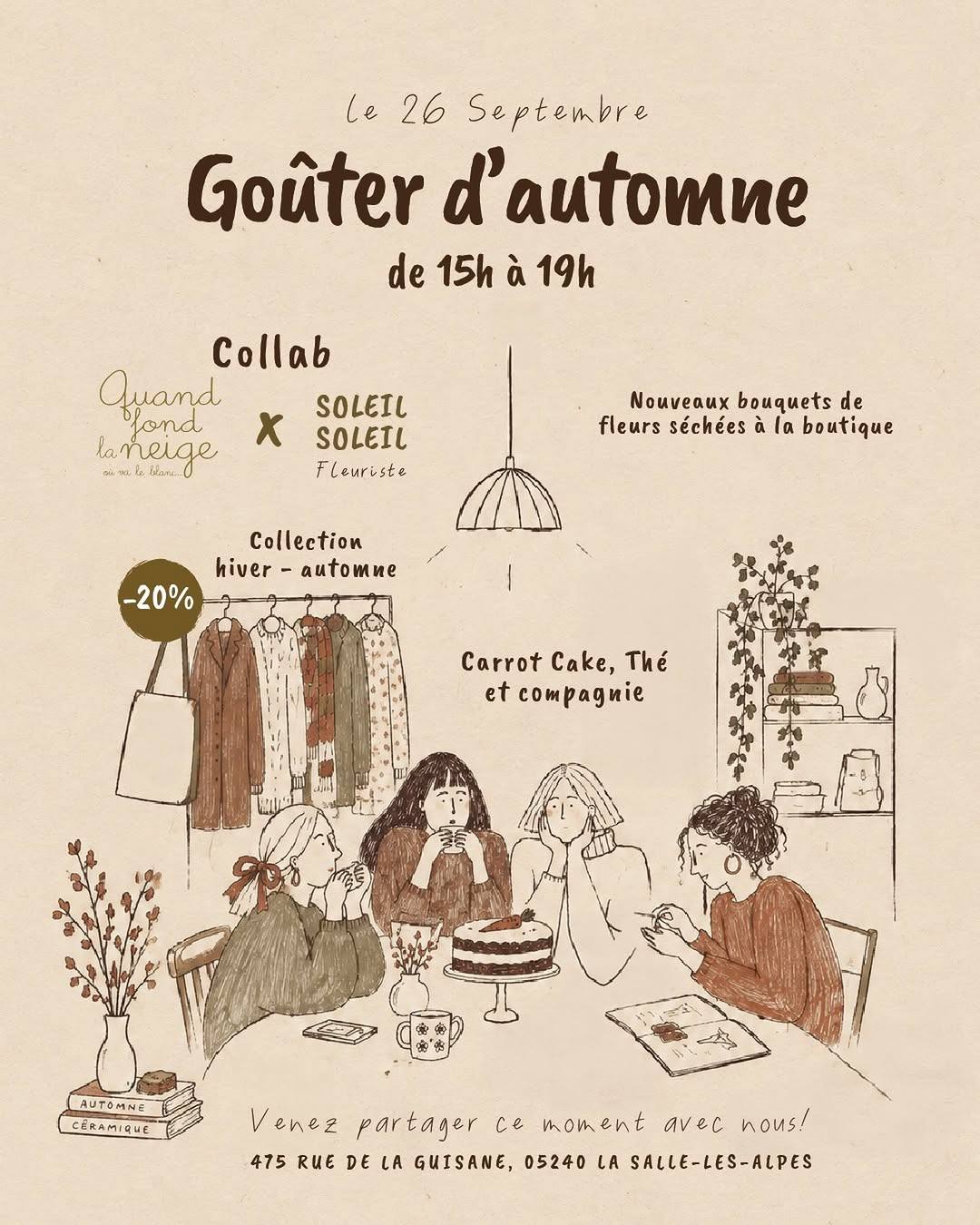 Affiche dessinée « Goûter d’automne » de Quand fond la neige : des amies autour d’un carrot cake
