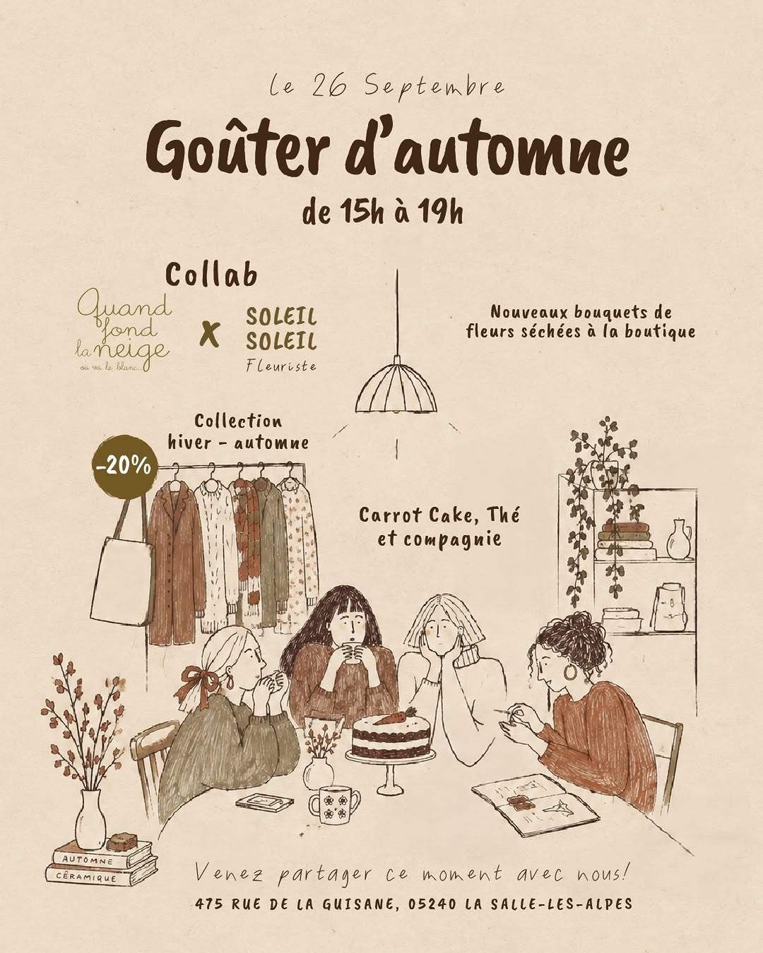 Affiche dessinée « Goûter d’automne » de Quand fond la neige : des amies autour d’un carrot cake