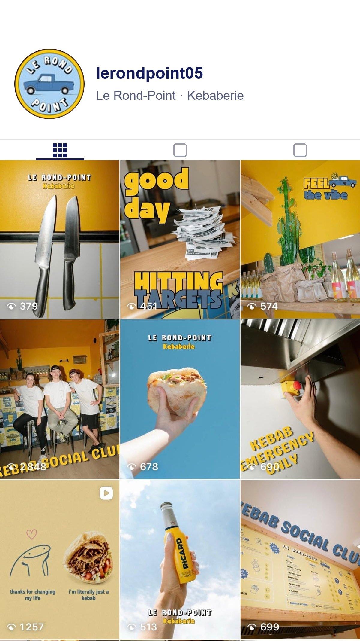 La grille Instagram du Rond-Point sur un téléphone : couteaux, kebab, « Kebab Social Club »
