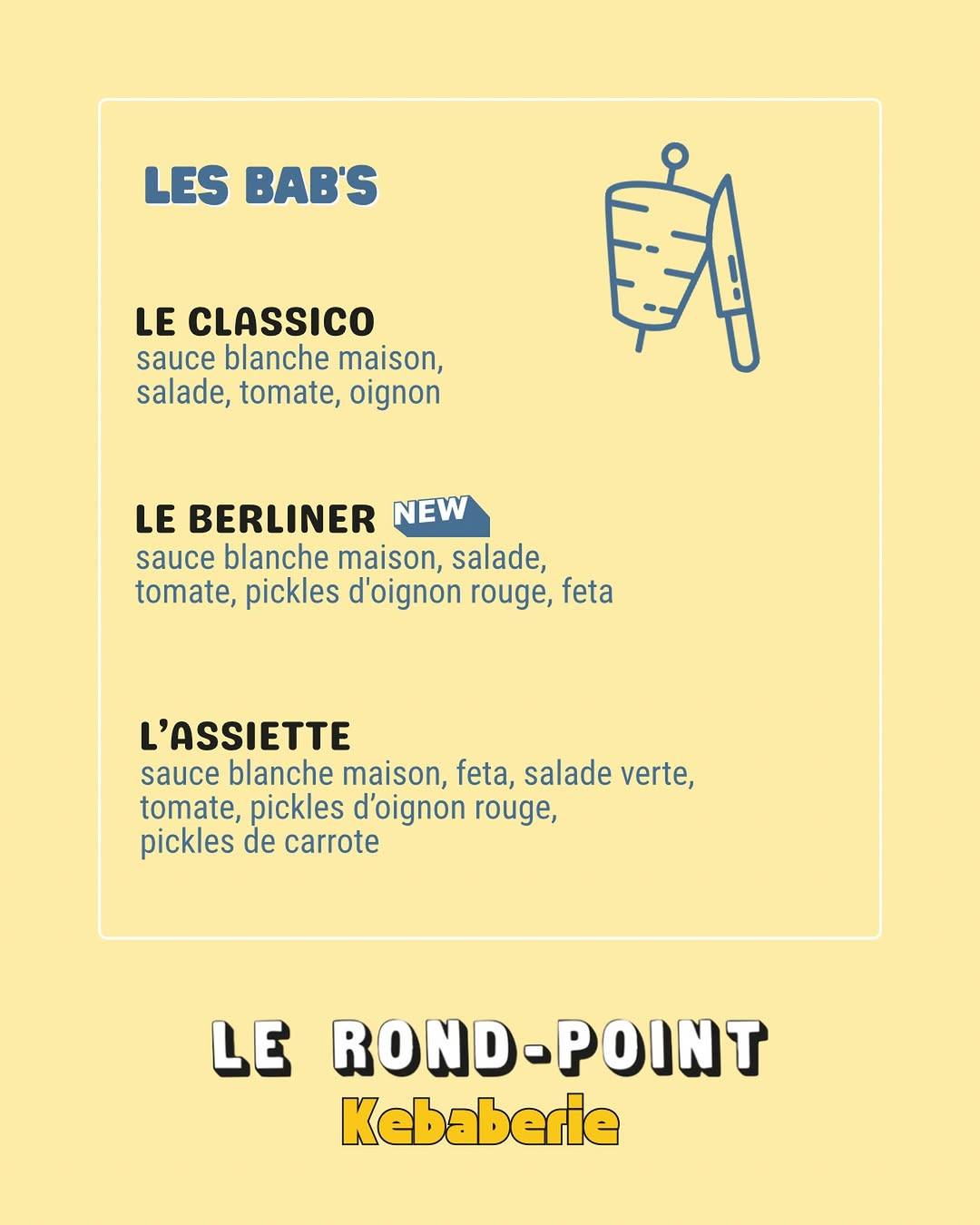 Le menu « Les Bab’s » du Rond-Point, lettres bleues sur fond jaune