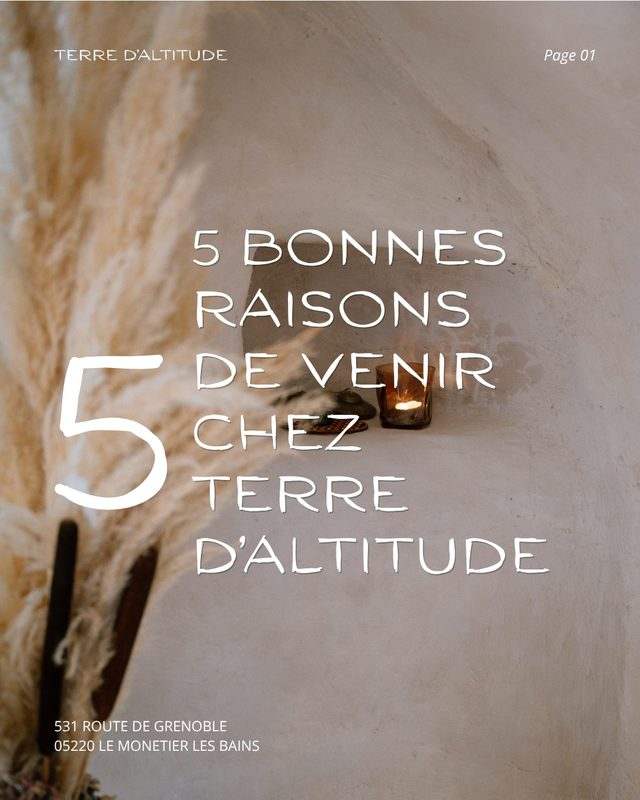 Visuel « 5 bonnes raisons de venir chez Terre d’Altitude », lettres blanches sur fond de graminées
